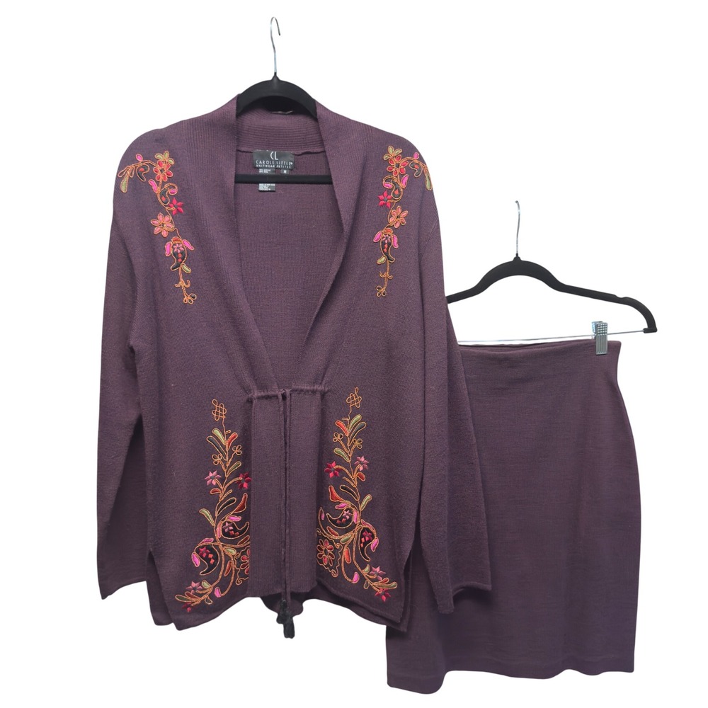 Carole Little Petite Plum Purple Wool Blend Embroidered Cardigan & Skirt Set M